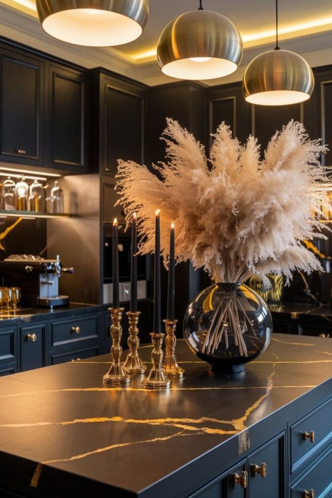 Matte black luxury kitchen island design.