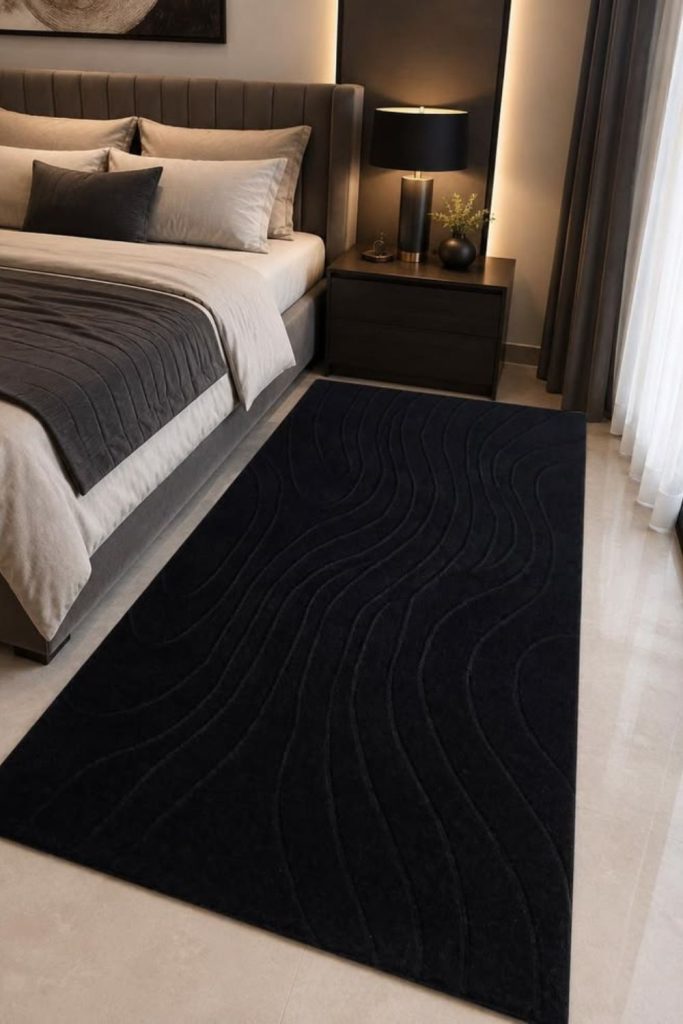 Black luxury statement bedroom carpet design.