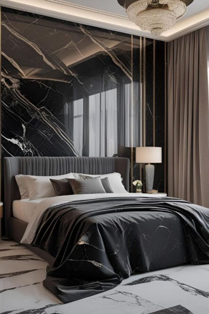 Luxurious black marble Nouveau bedroom interior.