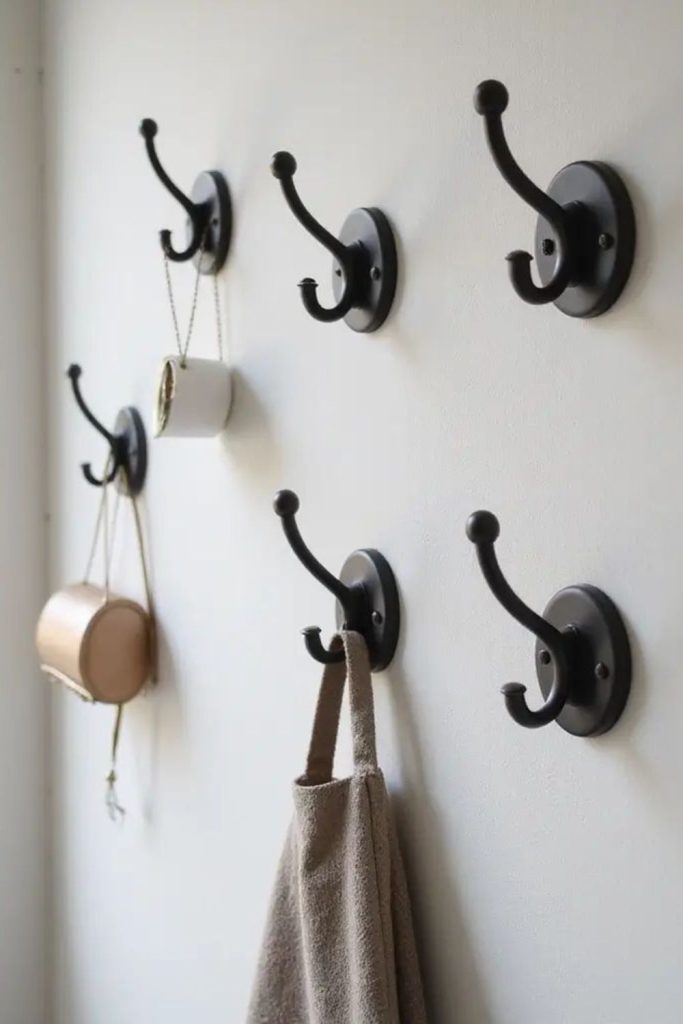 Black metal wall hooks in entryway.