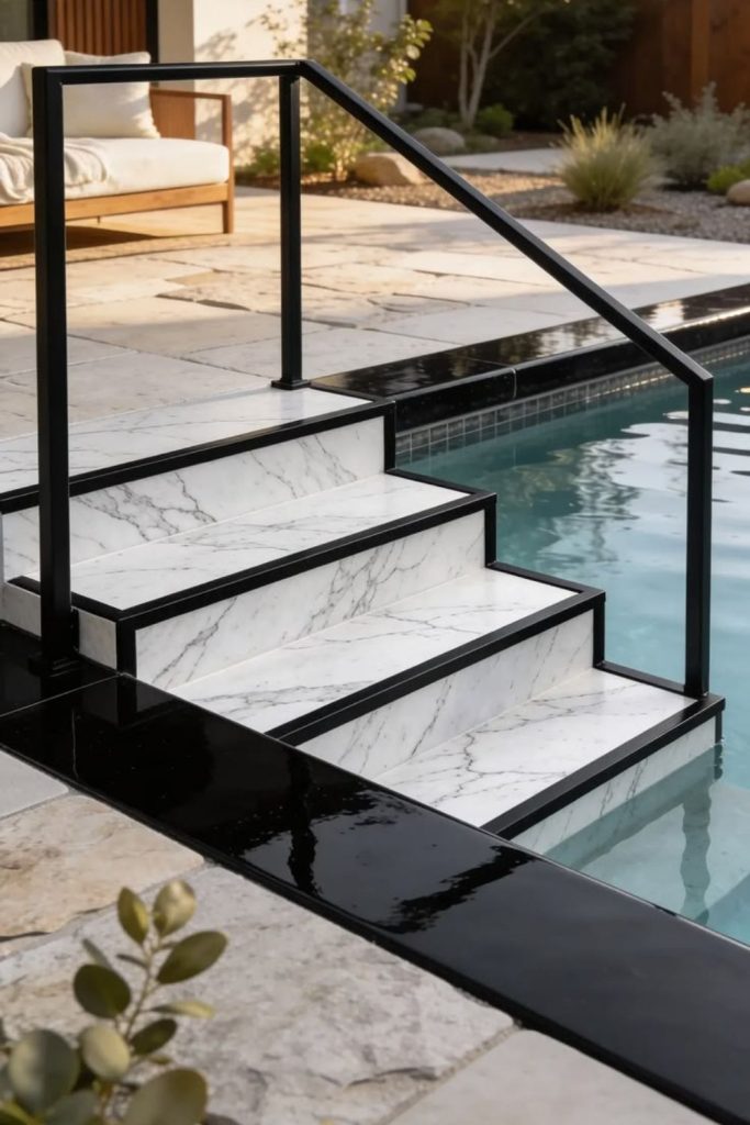 Black minimalist modern pool ladder style.
