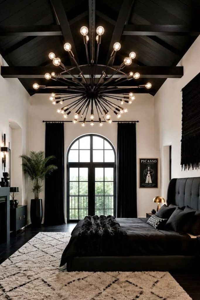 Elegant black pearl inspired bedroom retreat.