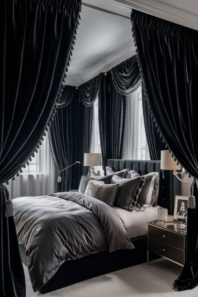 Glamorous black silk bedroom with elegance.