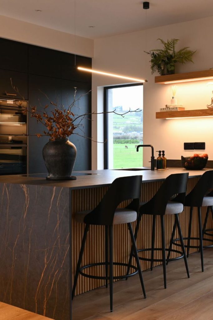 Black walnut kitchen island with sink.