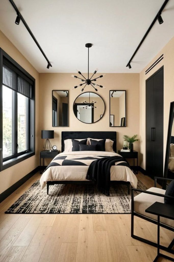 Black and beige modern bedroom design.