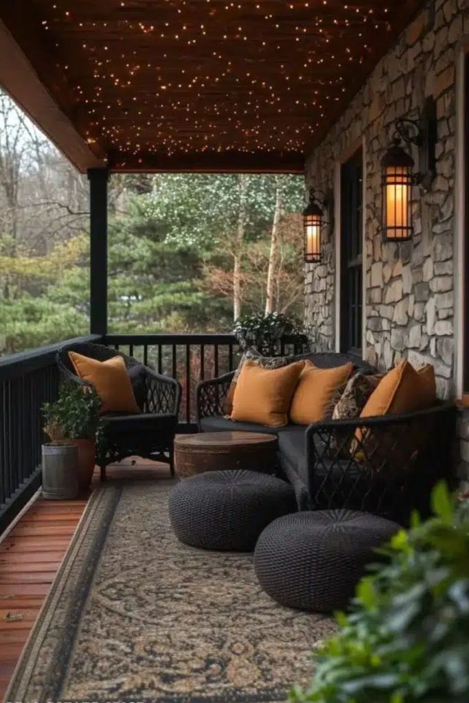 Black and cedar covered porch style.