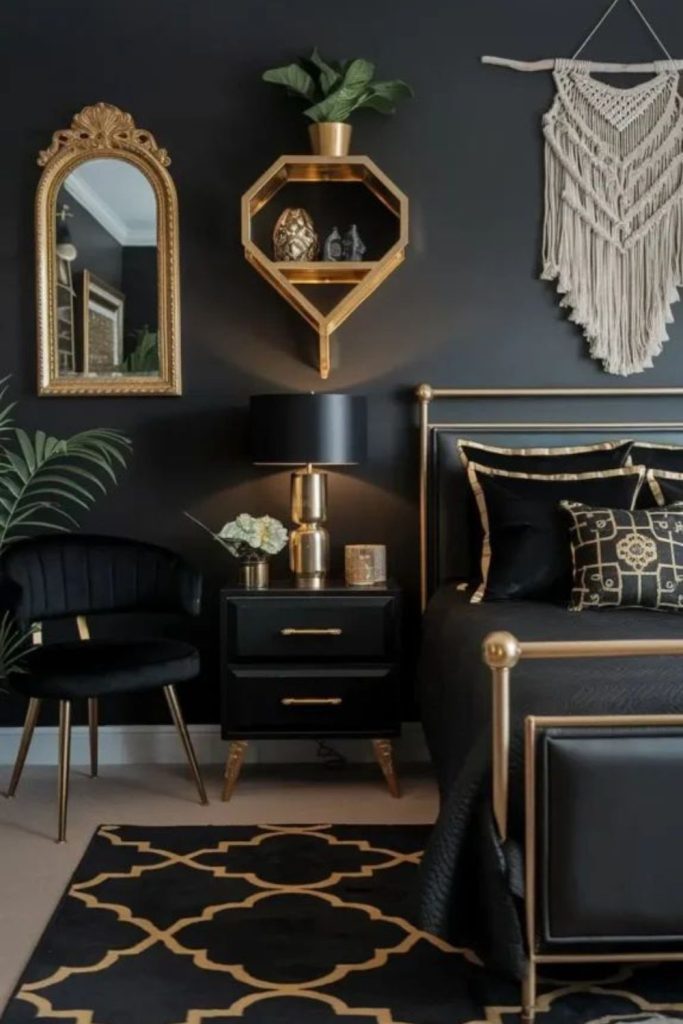 Black velvet sofa with gold accents.