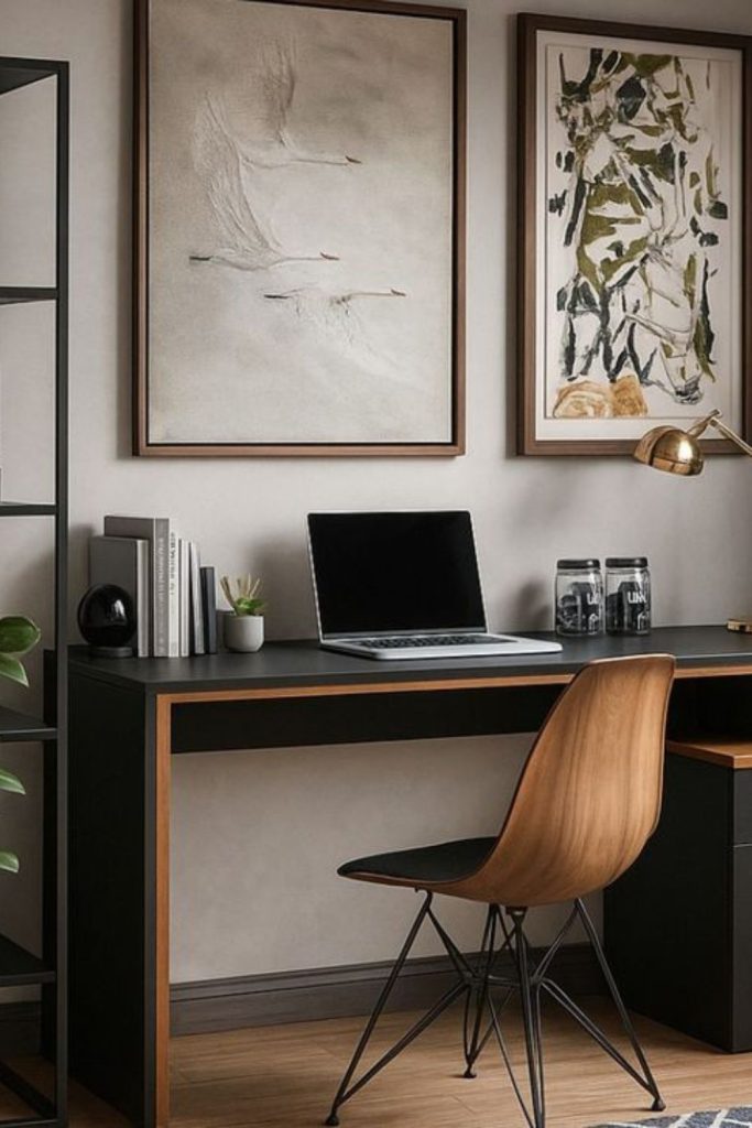 Black oak bedroom desk with contrast.