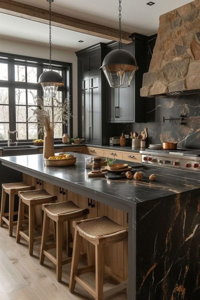 Black and oak kitchen island style.