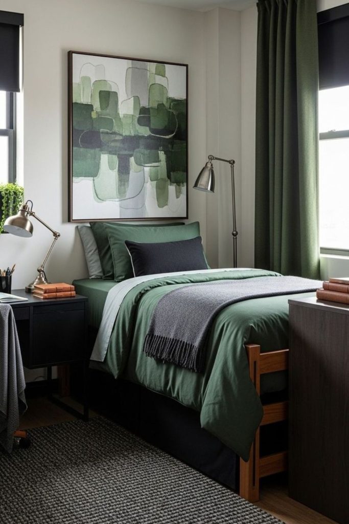Olive green masculine dorm room.