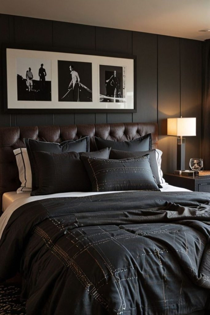 Black walnut modern masculine bedroom.