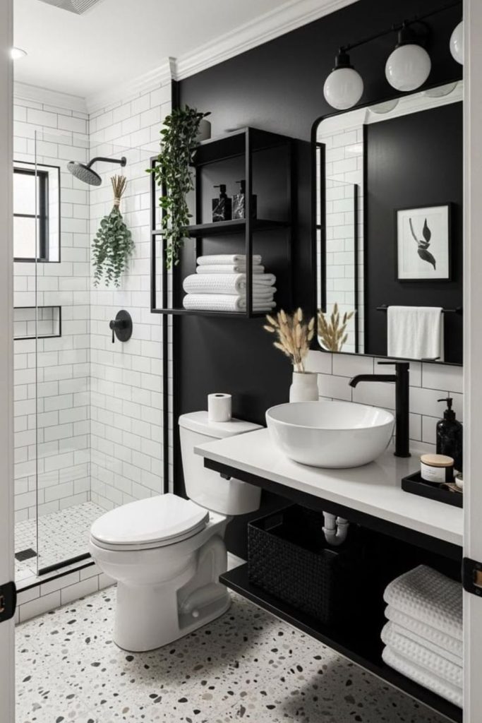 Chic black white bathroom interior.