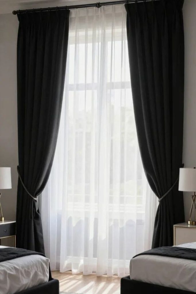 Black white curtains with blackout blinds.