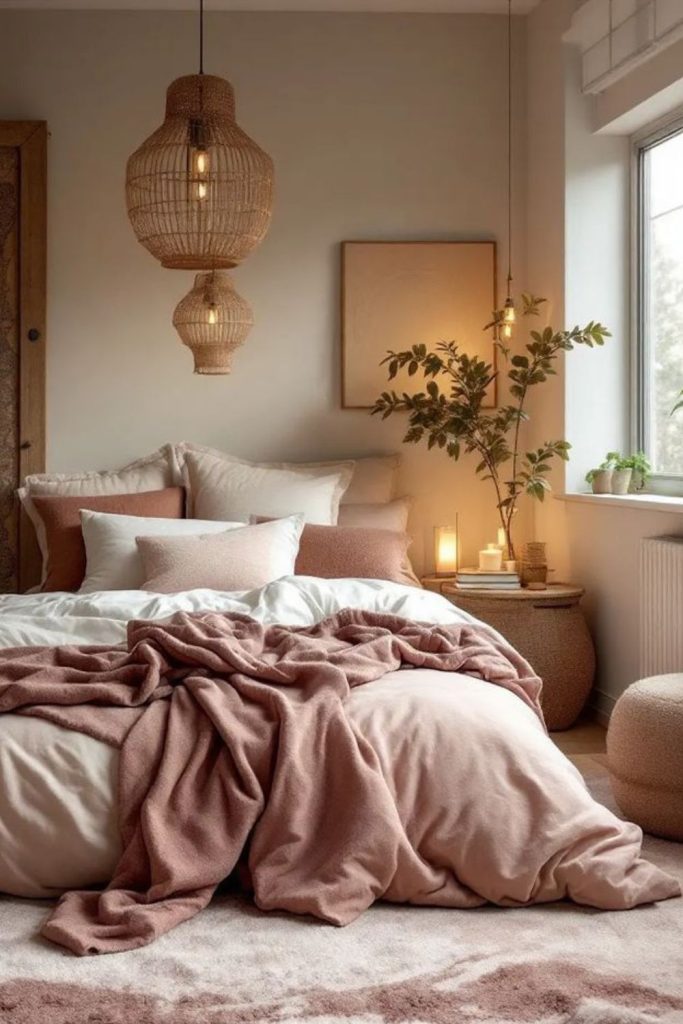 Blush brown Japandi bedroom calm