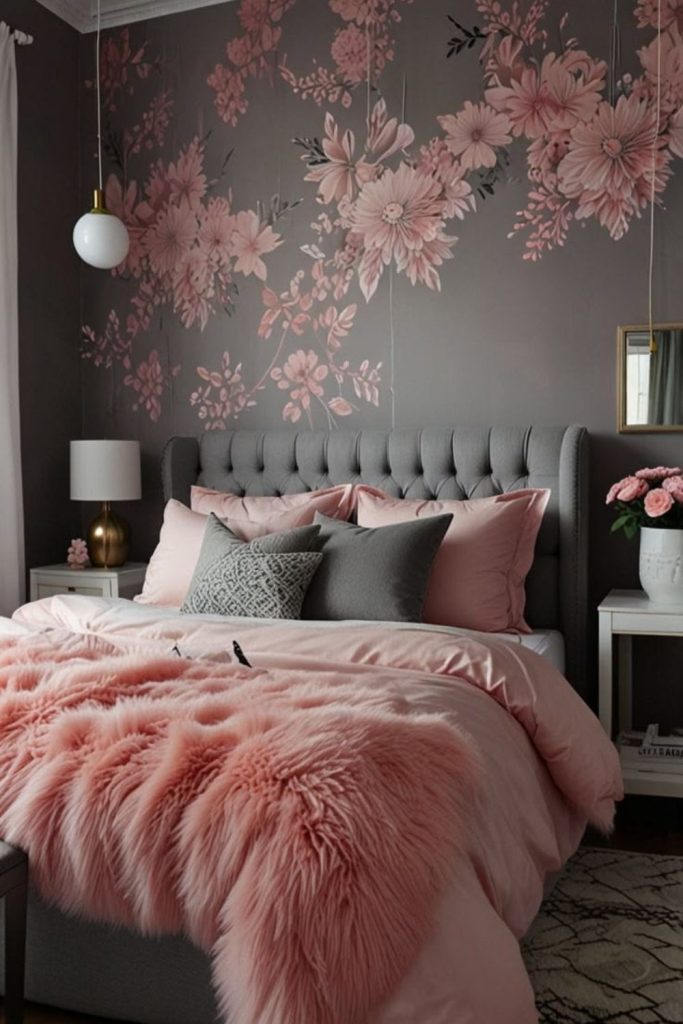 Blush pink and charcoal elegant bedroom.
