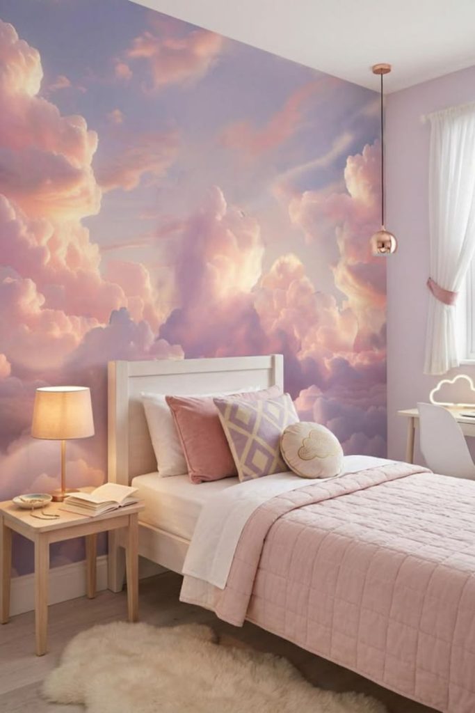 Blush pink bedroom with dreamy decor.