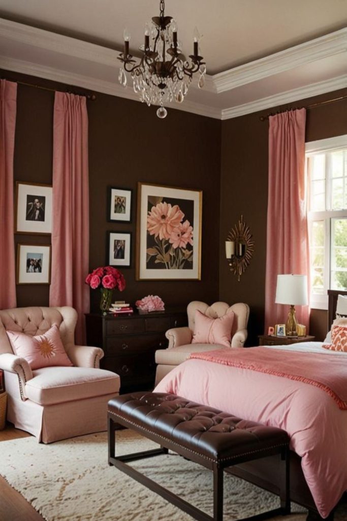 Blush pink and cocoa bedroom décor