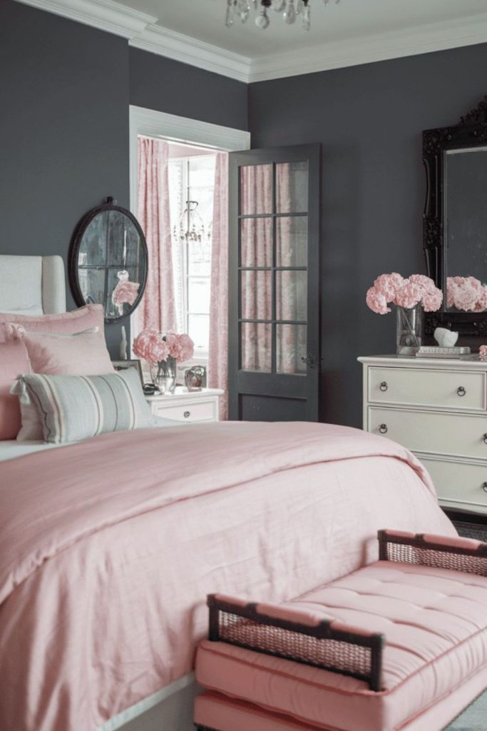 Blush cottage bedroom with grey accents.