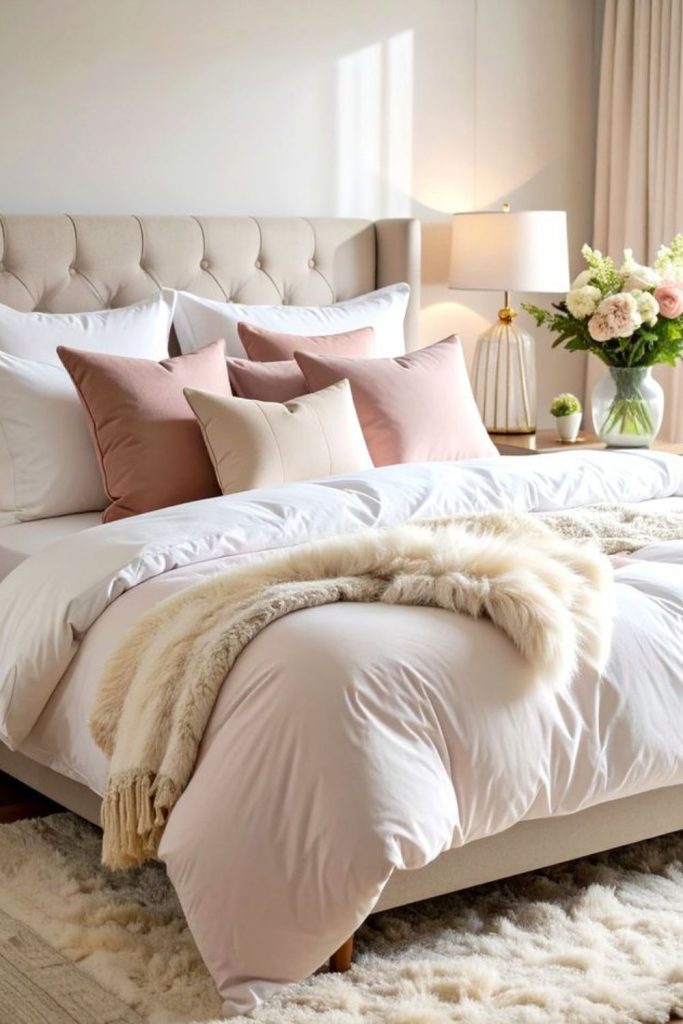 Blush pink and cream layered bedding