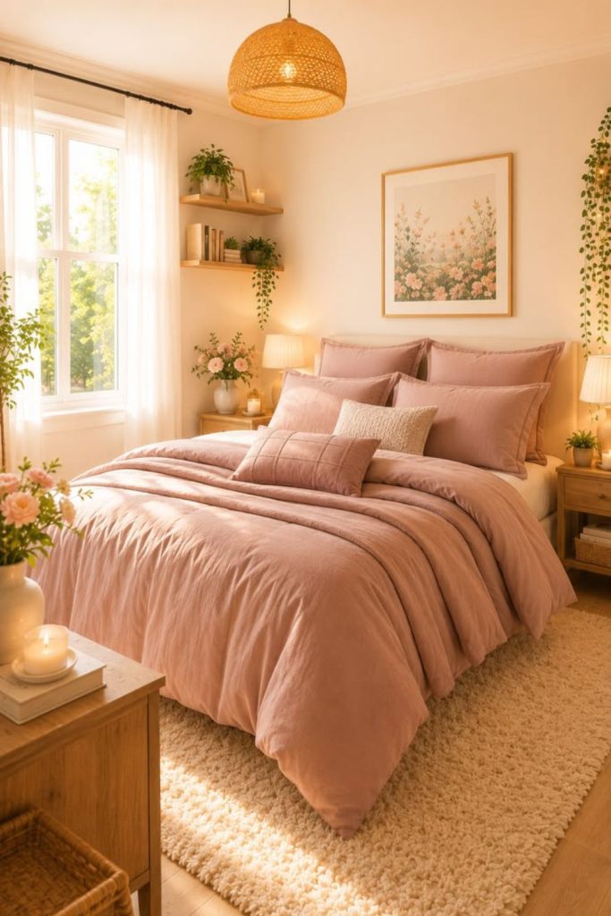 Blush pink romantic aesthetic bedroom décor.