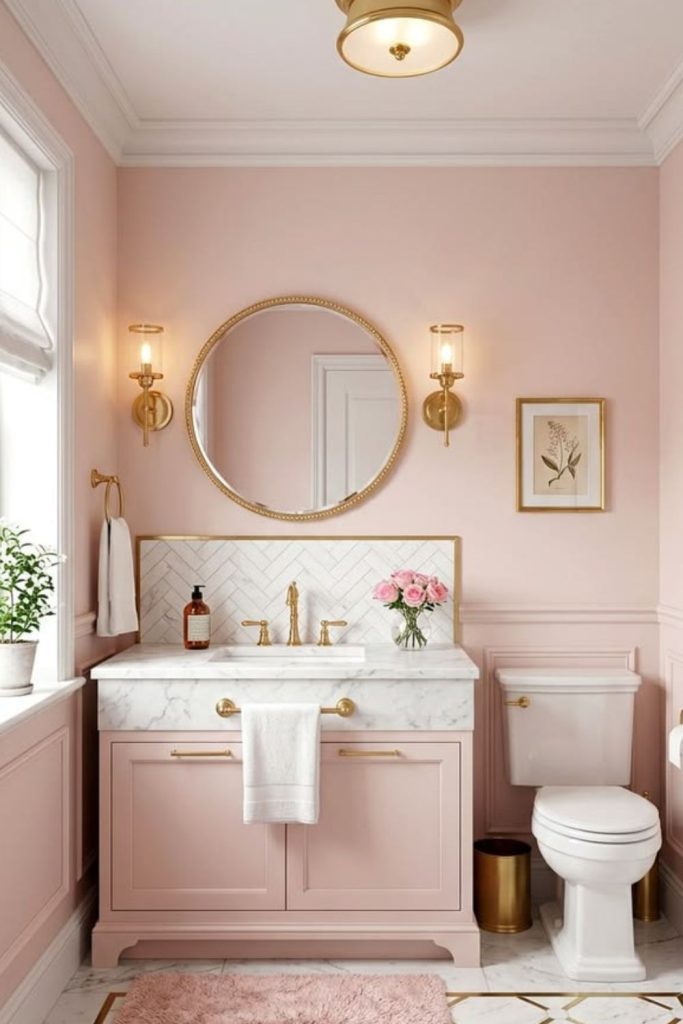Blush pink petite bathroom decor.