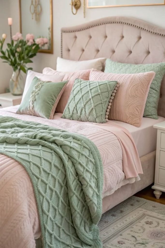 Blush pink and sage green bedroom.