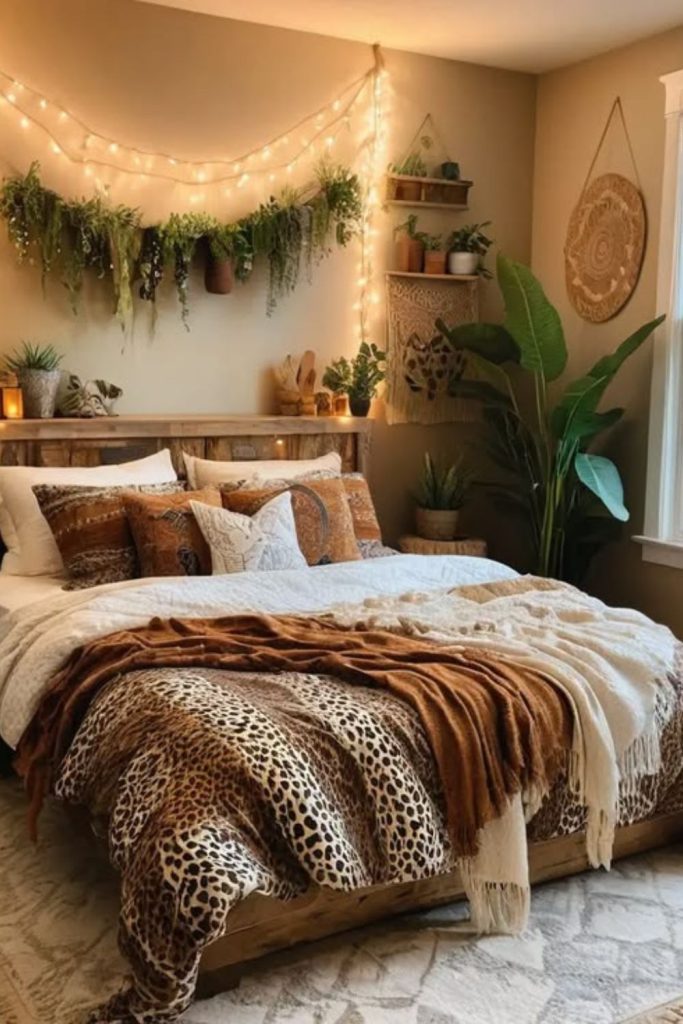 Bohemian leopard bedroom with macrame accents.