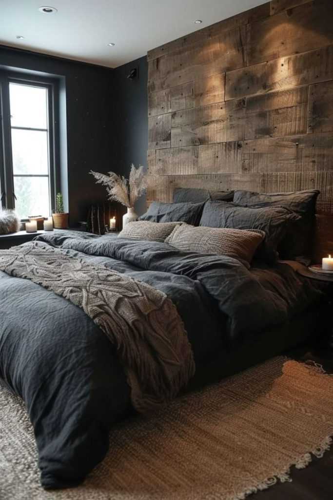 Bohemian men's bedroom with earthy décor.
