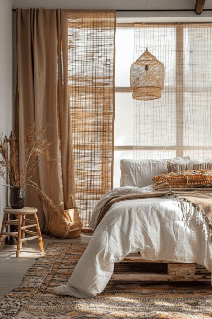 Boho macramé curtains with bamboo blinds.