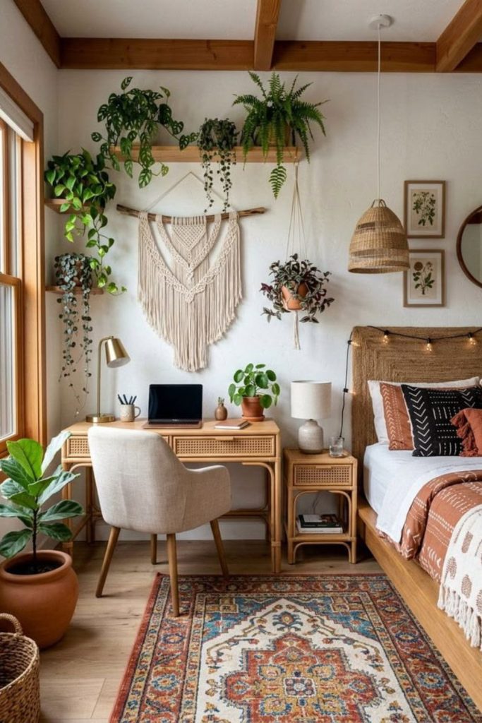 Boho bedroom desk with woven accents.