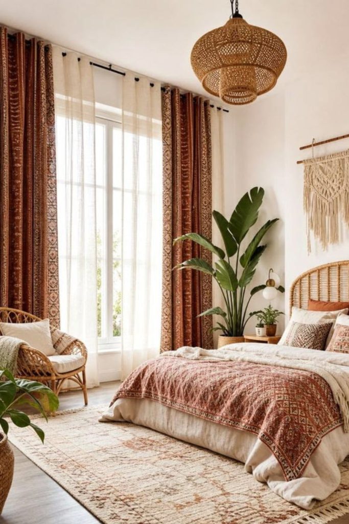 Boho fringe bedding with embroidered cushions.
