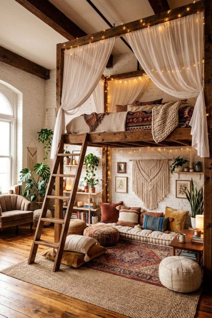 Boho lofted bed dorm lounge setup.