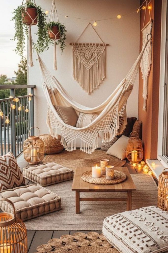 Boho bedroom balcony with macramé décor.