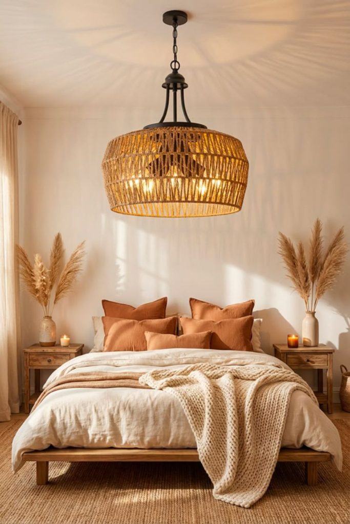 Boho rattan pendant casting patterned shadows.