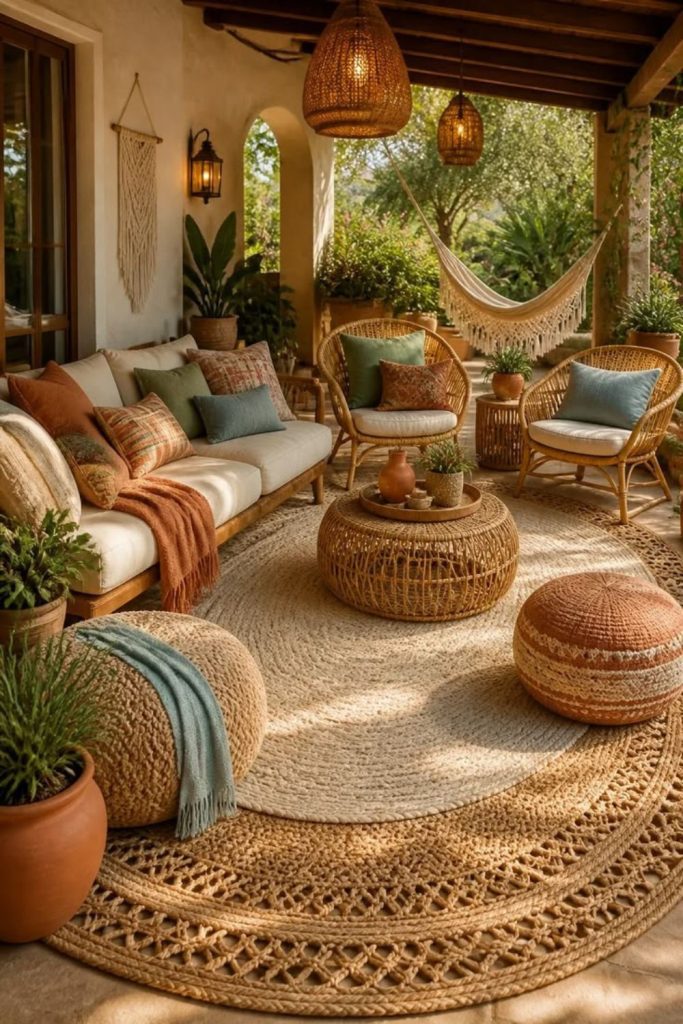 Boho covered porch with macramé décor.