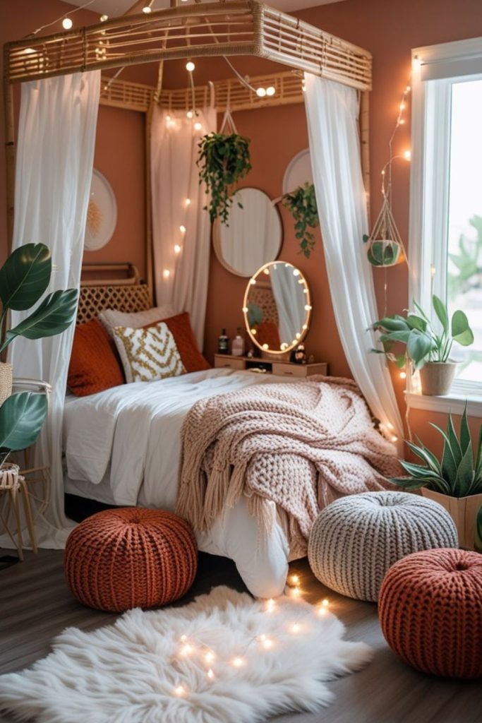 Boho sunset themed cozy teen retreat.