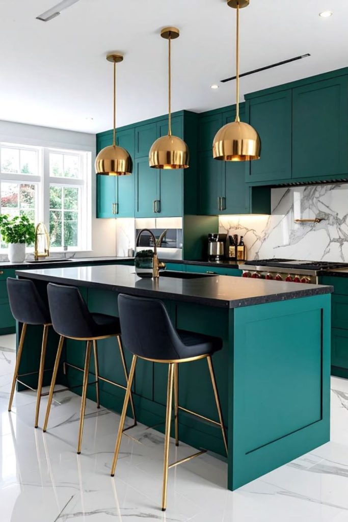 Emerald green luxury kitchen island design.