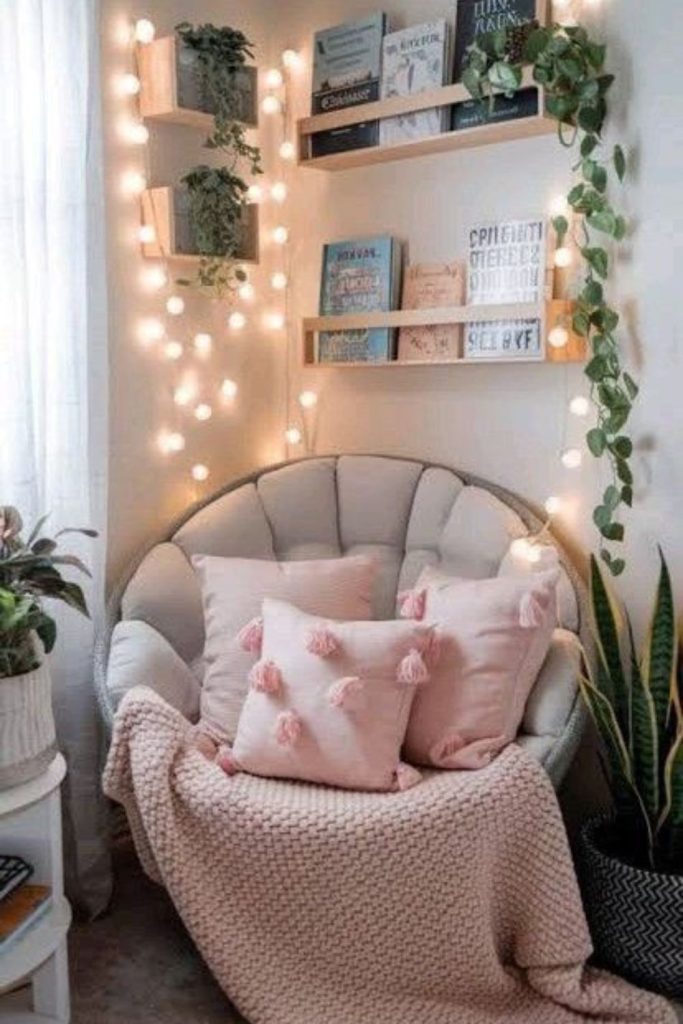Cozy book lover reading teen bedroom.