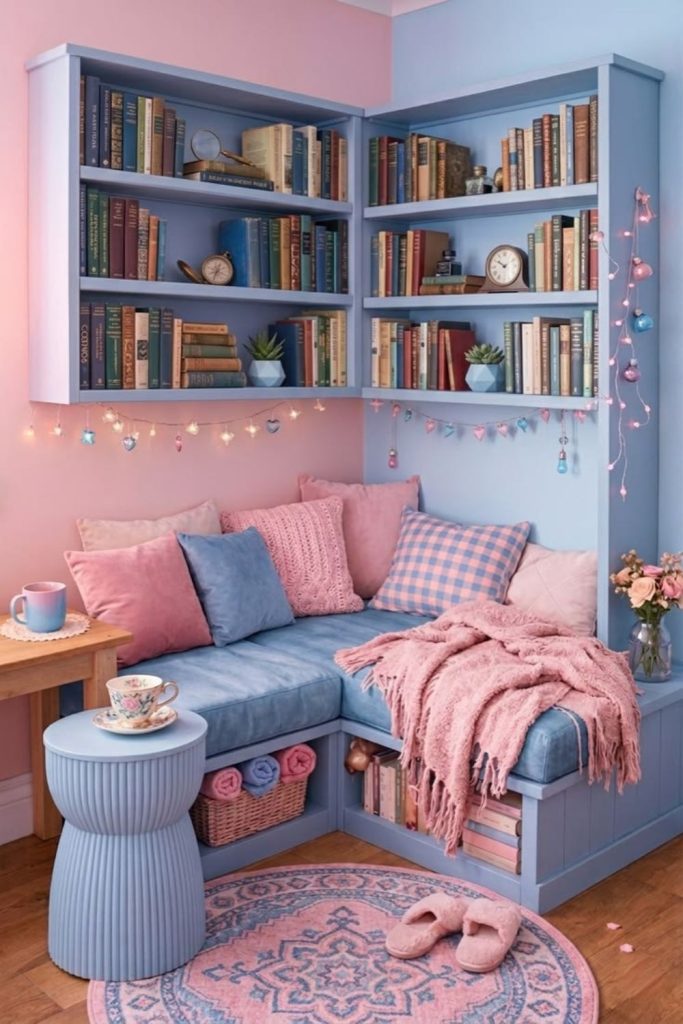 Cozy reading bedroom with bookshelf wall.
