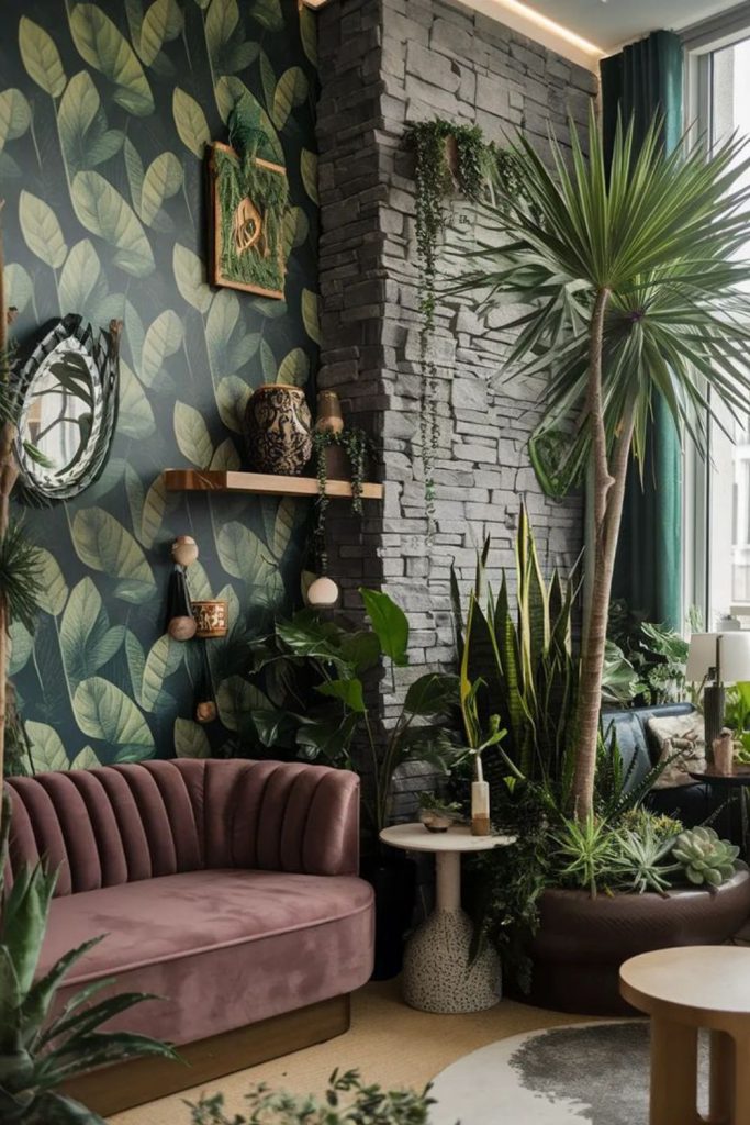 Oversized indoor plants in woven baskets.
