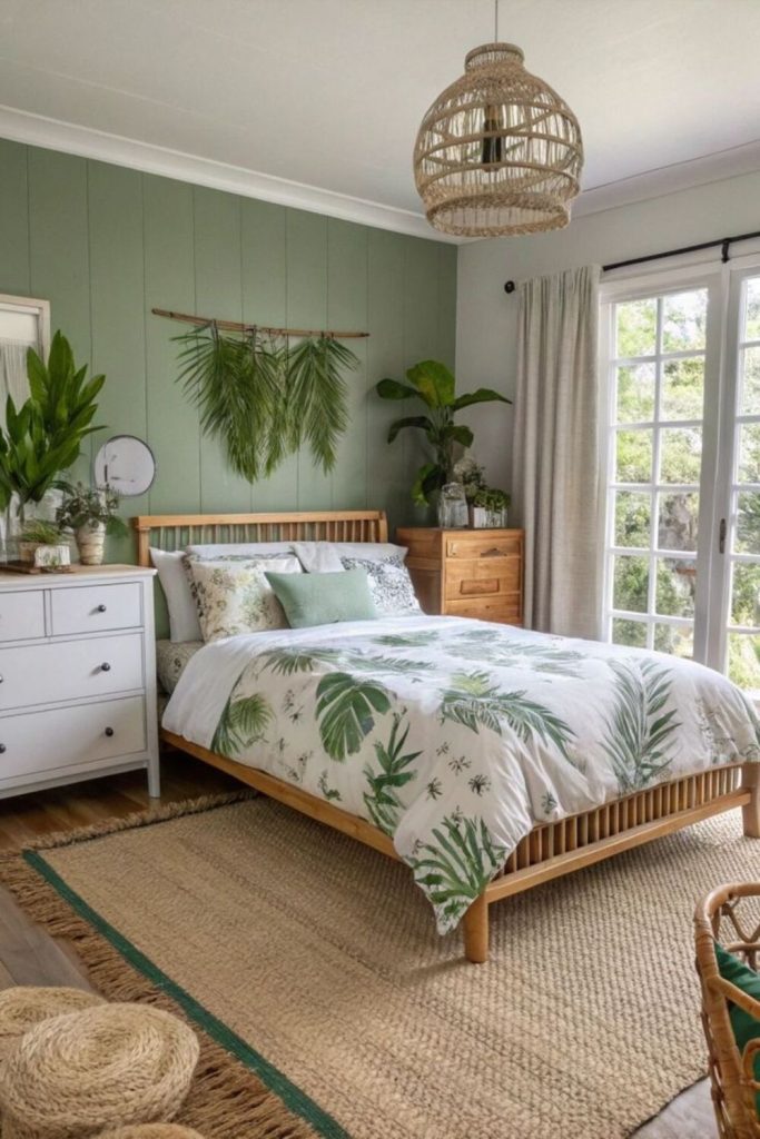 Botanical bedroom filled with lush plants.