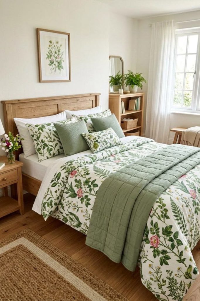 Botanical floral bedding with leafy prints.
