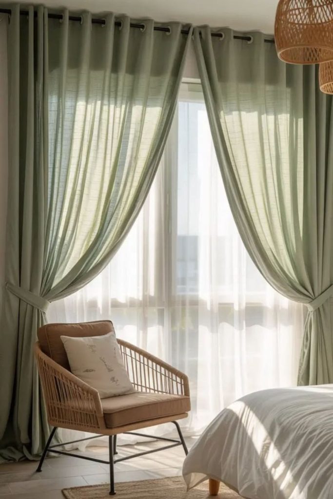 Sage green curtains with privacy blinds.