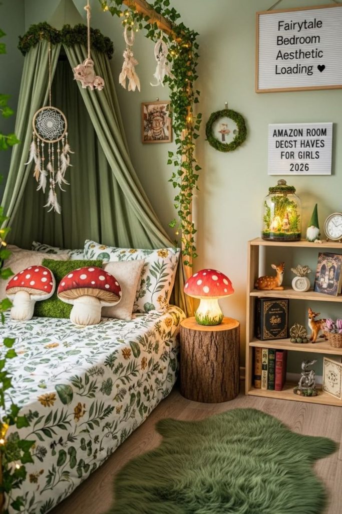 Botanical teen bedroom with lush greenery.