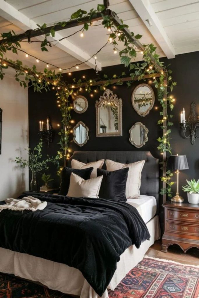 Gothic black bedroom with ornate accents.