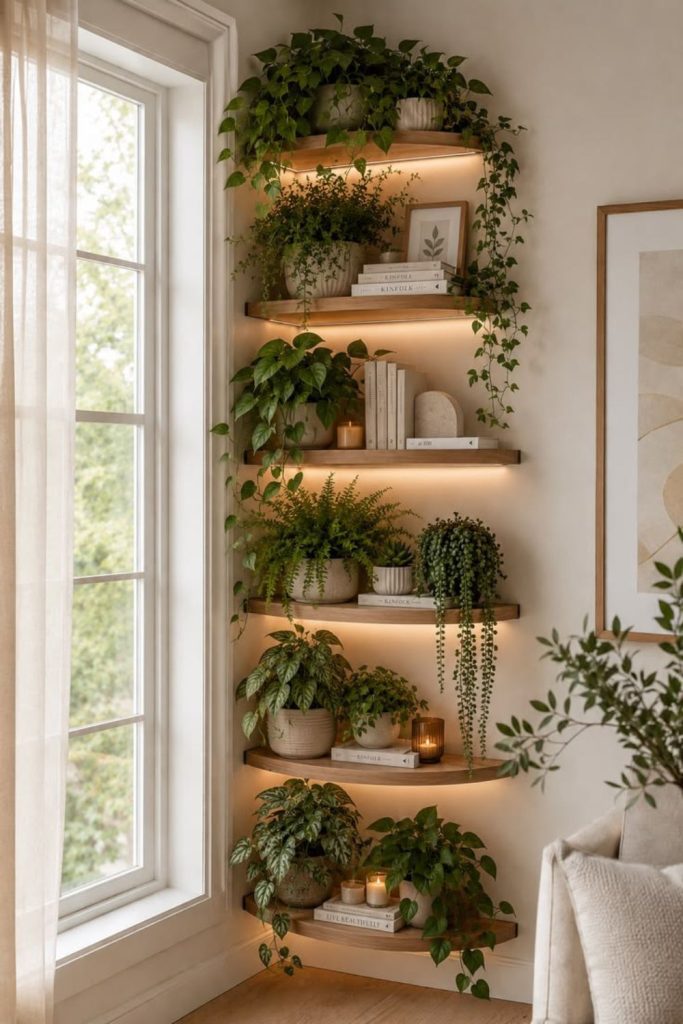 Green plants decorating sunny window shelf.