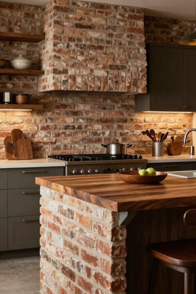 Brick and wood kitchen island style.