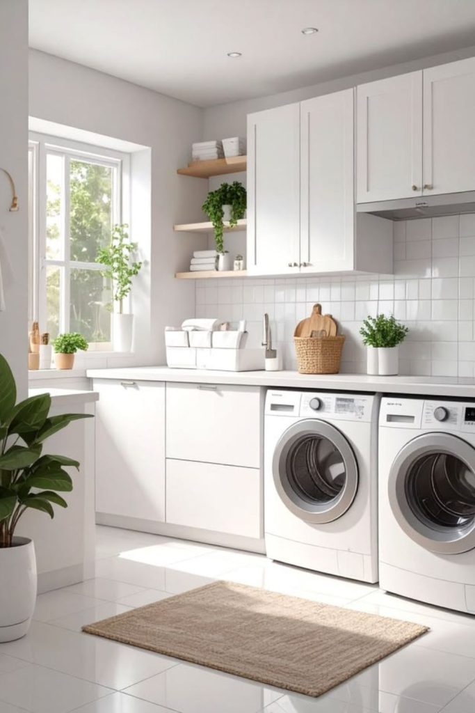 Bright white laundry room cabinets design.