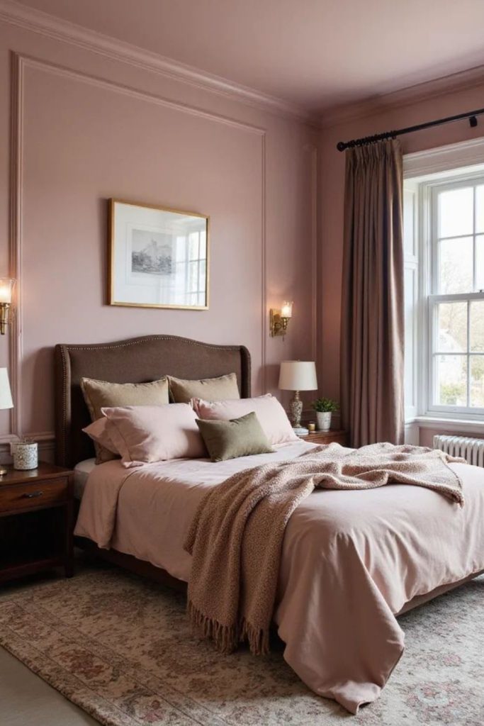 Brown panelled pink bedroom paradise