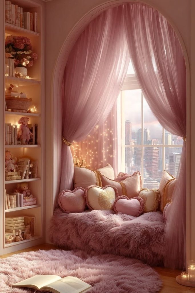 Bubblegum pink cosy nostalgic bedroom.